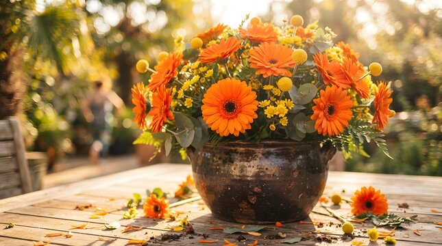 Vibrant orange gerbera daisies and yellow billy balls in a rustic ceramic pot on a wooden table, sunlit garden background