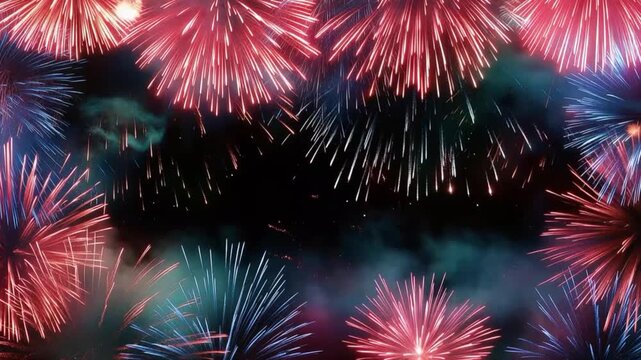 Colorful fireworks explode in a dazzling display against the night sky, painting the darkness with vibrant hues of red, blue, and gold. ..Created with Generative AI, not depicting real subjects.
