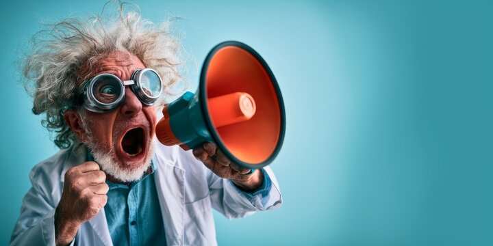 Mad Scientist Shouting Through Megaphone With Copy Space