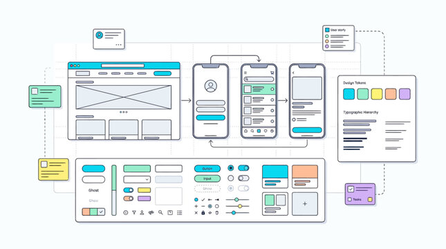 User interface design system flow and mobile application wireframes
