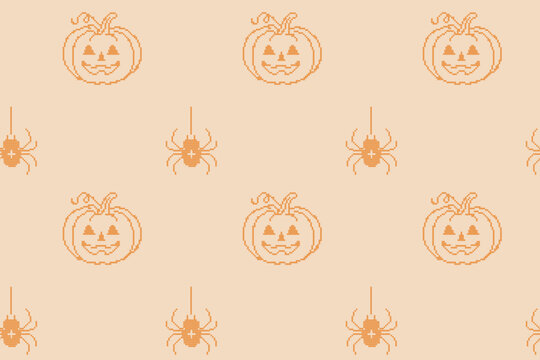 Gothic cross stitch Halloween seamless pattern. Boho embroidery folk art texture. Repeatable pumpkin and spider motif on backdrop for digital scrapbooking, autumn textiles, and eerie surface design.