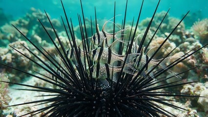 Fototapeta premium Striped Fish Swimming Among Sea Urchin Spines in Coral Reef