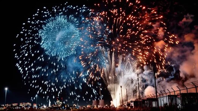 Spectacular fireworks light up the night sky with vibrant explosions of blue, orange, and red. ..Created with Generative AI, not depicting real subjects.