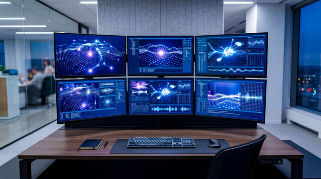 Six monitors displaying data visualizations in futuristic control room. Technology, cybersecurity, analytics, business intelligence.
