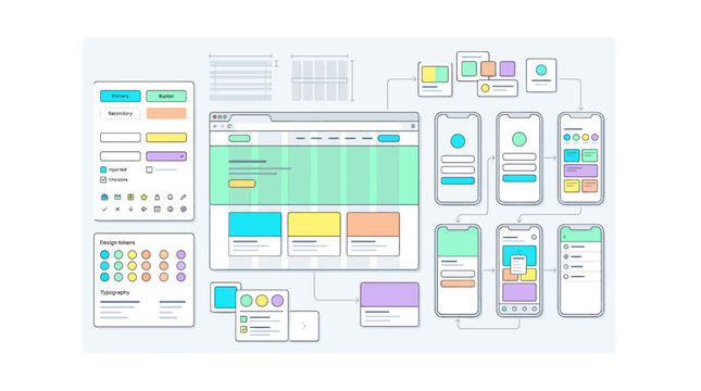 Ui and ux design system with website and mobile app wireframes