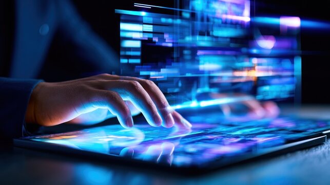 A person's hand typing on a tablet with a glowing blue and purple digital interface in the background.