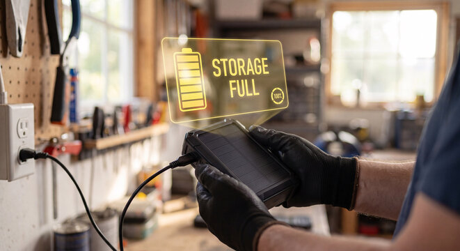 hands hold battery unit with storage full hologram, display battery charge icon, show percentage gauge symbol, confirm energy storage status, monitor solar power system