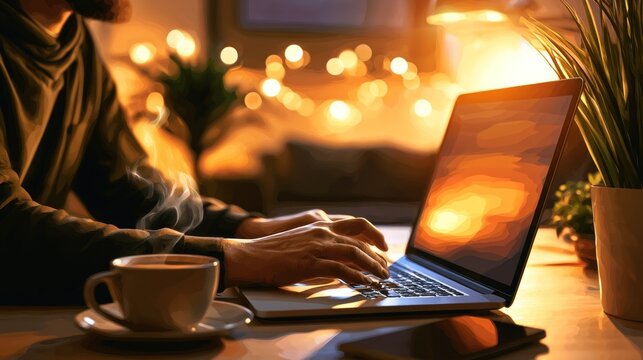 A man working on a laptop at a table with a cup of coffee.