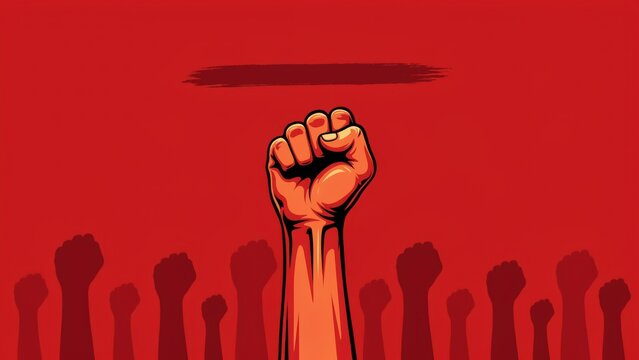 A crowd of people raising fists in protest against a solid red background. Graphic illustration for social activism, political movement, and community empowerment concepts.