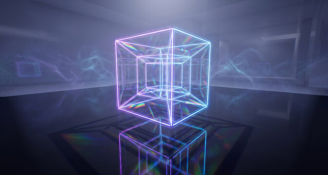 Glowing futuristic neon tesseract hypercube floating and rotating in misty dark room with light reflections on polished black floor.