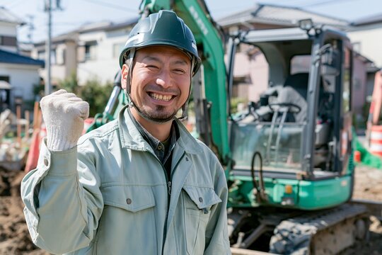 建設現場でガッツポーズ笑顔の日本人男性作業員