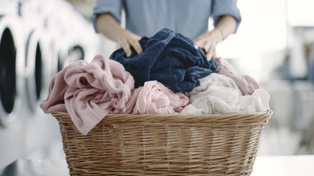 Person folding colorful laundry in a basket at a modern laundromat