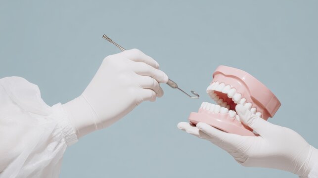 Dental care concept with dental tool and artificial teeth on soft blue background