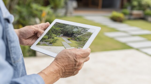 Senior using tablet to design outdoor garden pathway with modern landscape