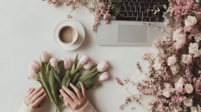 Spring workspace with laptop, coffee, tulips, and blossoms on a white table