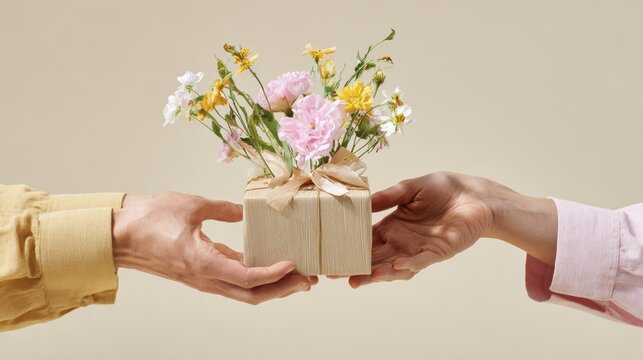Hands exchanging a gift box with wildflowers on a neutral background