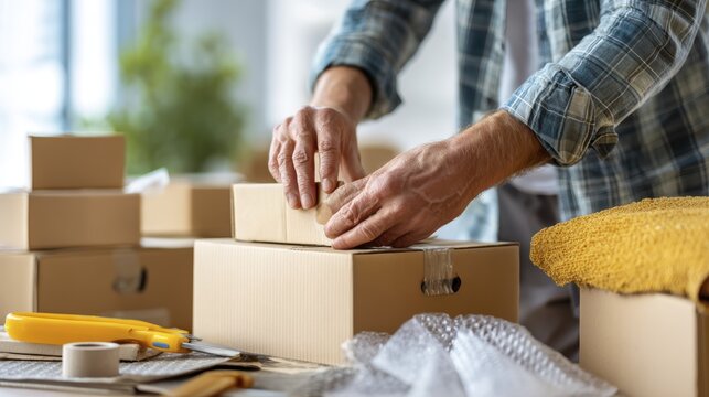 Hands packing cardboard boxes for delivery in a home office setting