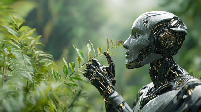 Futuristic humanoid robot interacting with nature in a lush green environment, advanced artificial intelligence and robotics technology blending with forest ecosystem, sustainable innovation, environm