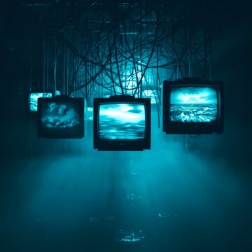 Old TVs glow in dark, tangled wires