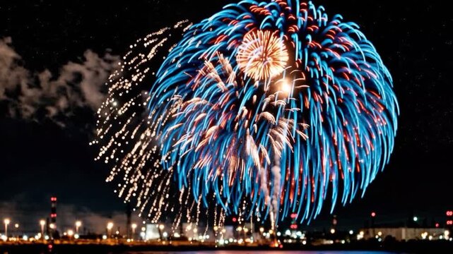 A spectacular display of vibrant blue and gold fireworks illuminates the night sky, reflecting a dazzling pattern over the calm waters below. ..Created with Generative AI, not depicting real subjects.