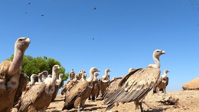 Griffon vultures eating on the ground in Spain as others swoop down and land around the feeding site. Dynamic close-up stock footage of scavenger bird flocking and wildlife conservation feeding.