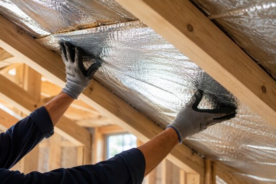 A construction worker installing reflective thermal insulation between wooden roof rafters.