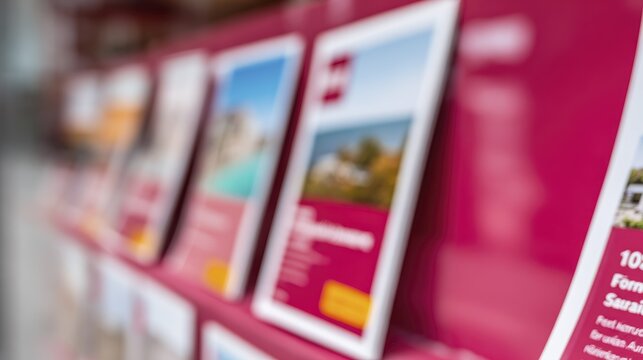 Blurred brochures on display with vibrant red background in retail setting