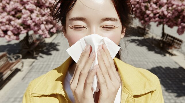 Woman sneezing amidst blooming cherry blossoms in springtime allergies concept