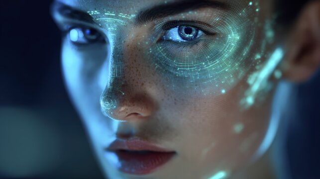 Futuristic woman with digital interface on face in blue lighting
