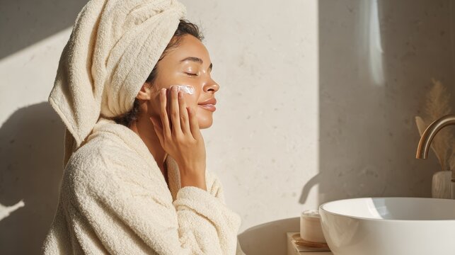 Relaxed morning skincare routine with woman in bathrobe enjoying self-care ritual