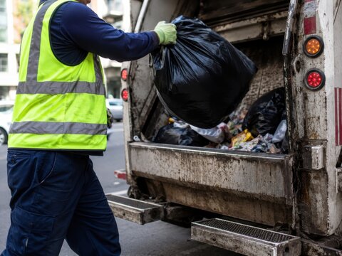 A sanitation worker in a high visibility vest throws a black garbage bag into the back of a truck.