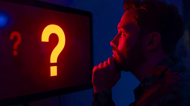 Man ponders brightly glowing question mark on monitor screen