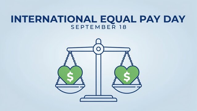 Balance scale graphic with heart shaped currency symbols for International Equal Pay Day on September 18. This represents balanced and fair financial compensation.
