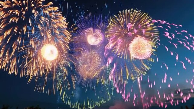 Spectacular fireworks illuminate the night sky with a dazzling display of vibrant colors and explosive bursts. ..Created with Generative AI, not depicting real subjects.