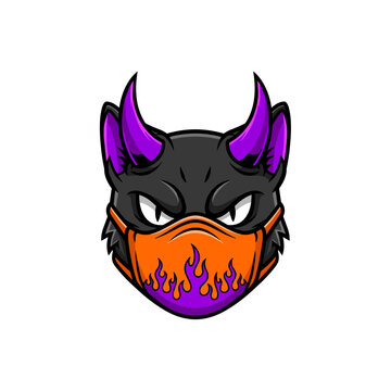 Angry demon cat mascot wearing a face mask with flames