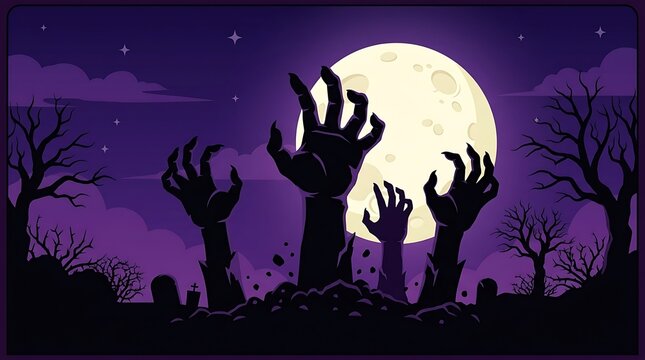 Zombie hands rising from graves under a full moon