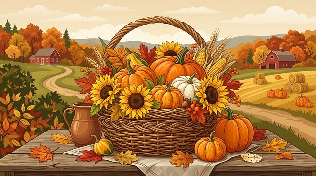 Wicker basket filled with autumn harvest vegetables