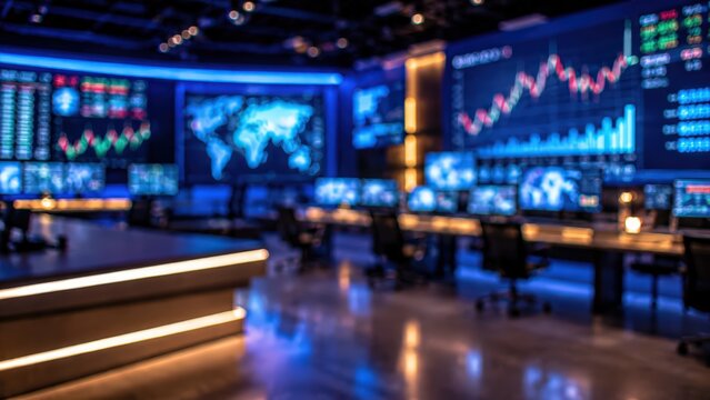 Financial trading room interior with blurred computer monitors displaying stock market data and global maps. Digital analytics screens create a professional atmosphere for data analysis.