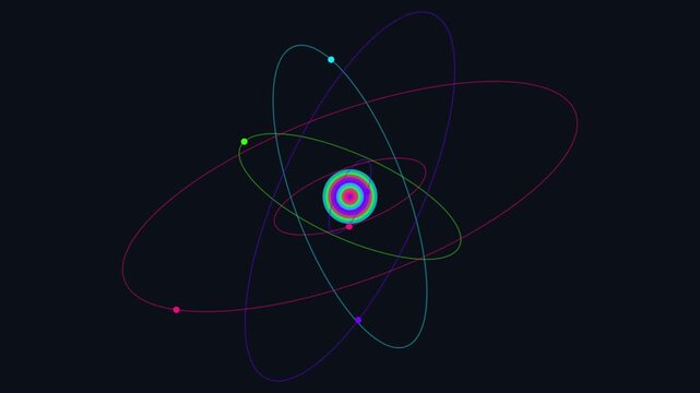 High-definition 1920x1080 15-second seamless abstract visual background featuring subatomic particle quantum core orbit with a vivid cyberpunk color aesthetic. Ideal for VJ loops, video editing, prese