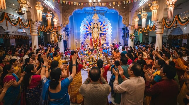 Devotees gathered in a temple performing traditional prayers and rituals before the idol of goddess durga during durga puja festival