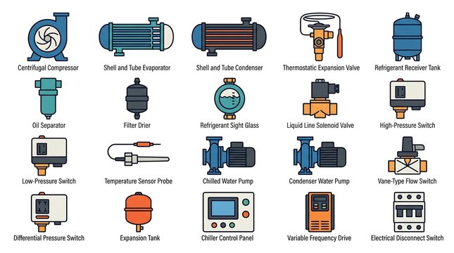 Collection of HVAC and refrigeration system components flat vector icons for engineering and industrial design isolated on white background
