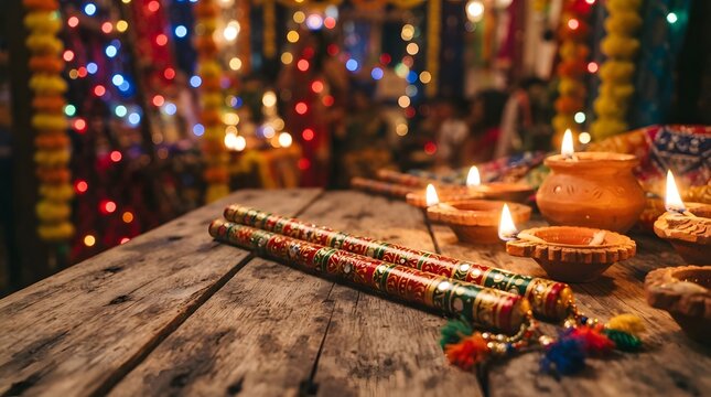 Traditional decorated dandiya sticks and lit clay oil lamps on a rustic wooden table for navratri festival
