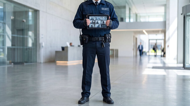 Security guard holding tablet with multiple camera feeds in modern building lobby. Building security, surveillance, safety, corporate facility, access control.