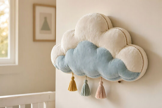Fluffy white and blue cloud wall decor with hanging tassels in a nursery room nursery decoration plush cloud kids room baby room cloud pillow textile art soft toy