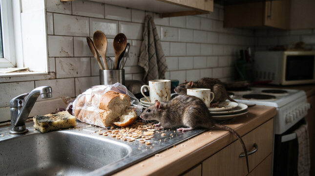 Pest control and rodent infestation concept with two wild rats looking for food on a dirty kitchen countertop covered in food waste, crumbs, unwashed dishes and unhygienic sanitation issues