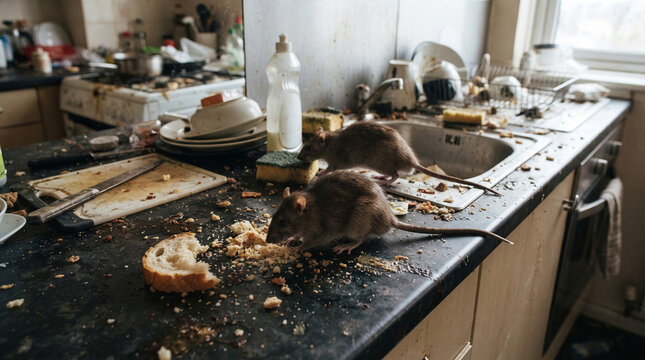 Pest control and rodent infestation concept with two wild rats looking for food on a dirty kitchen countertop covered in food waste, crumbs, unwashed dishes and unhygienic sanitation issues