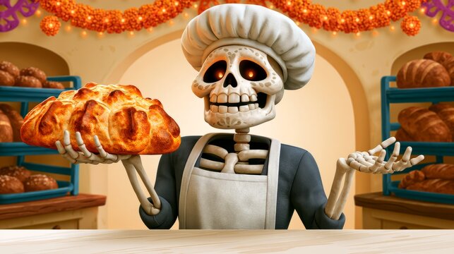 Skeleton Baker Holding Traditional Mexican Sweet Bread