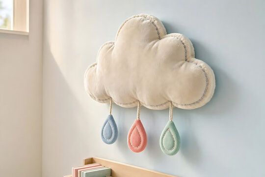 Beige cloud shaped wall hanging with pastel raindrops mounted on a blue wall cloud decor plush cloud nursery decoration kids room pastel drops fluffy cloud