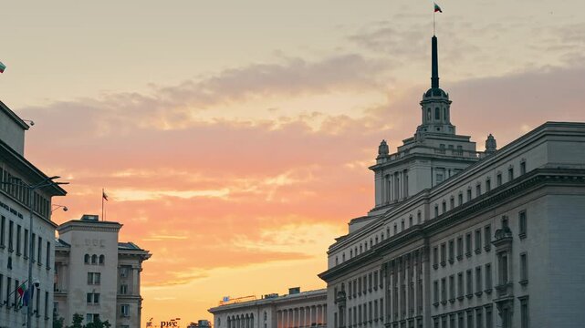 Sofia City Center Largo Architecture at Battenberg Square with National Bank Parliament Spire and Tzum View at Sunset