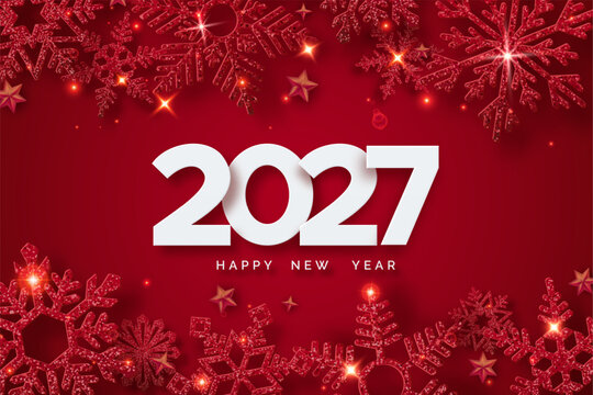 White 2027 numbers appear on red background surrounded by glittering snowflakes, stars and glowing lights. Concept of New Year celebration